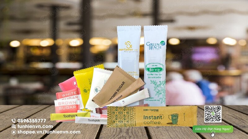 Trà, đường, tăm gói tre và coffee in theo yêu cầu